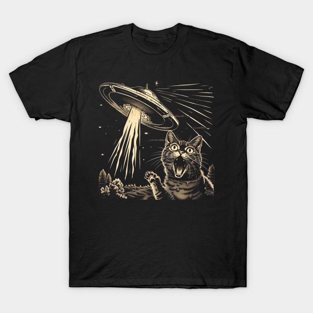 Shocked Cat and UFO Invasion T-Shirt by OscarVanHendrix